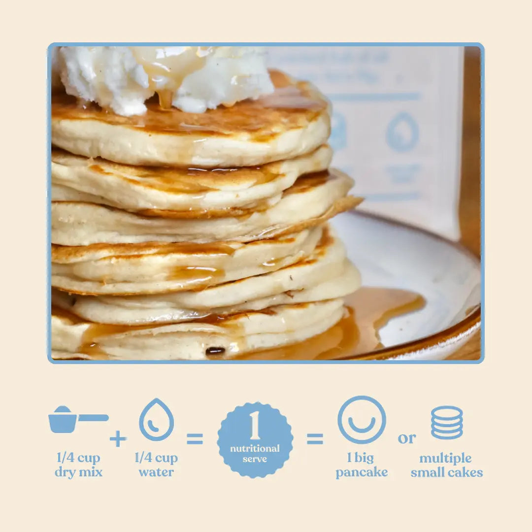 Gluten Free Buttermilk pancake stack with whipped cream and mixing instructions