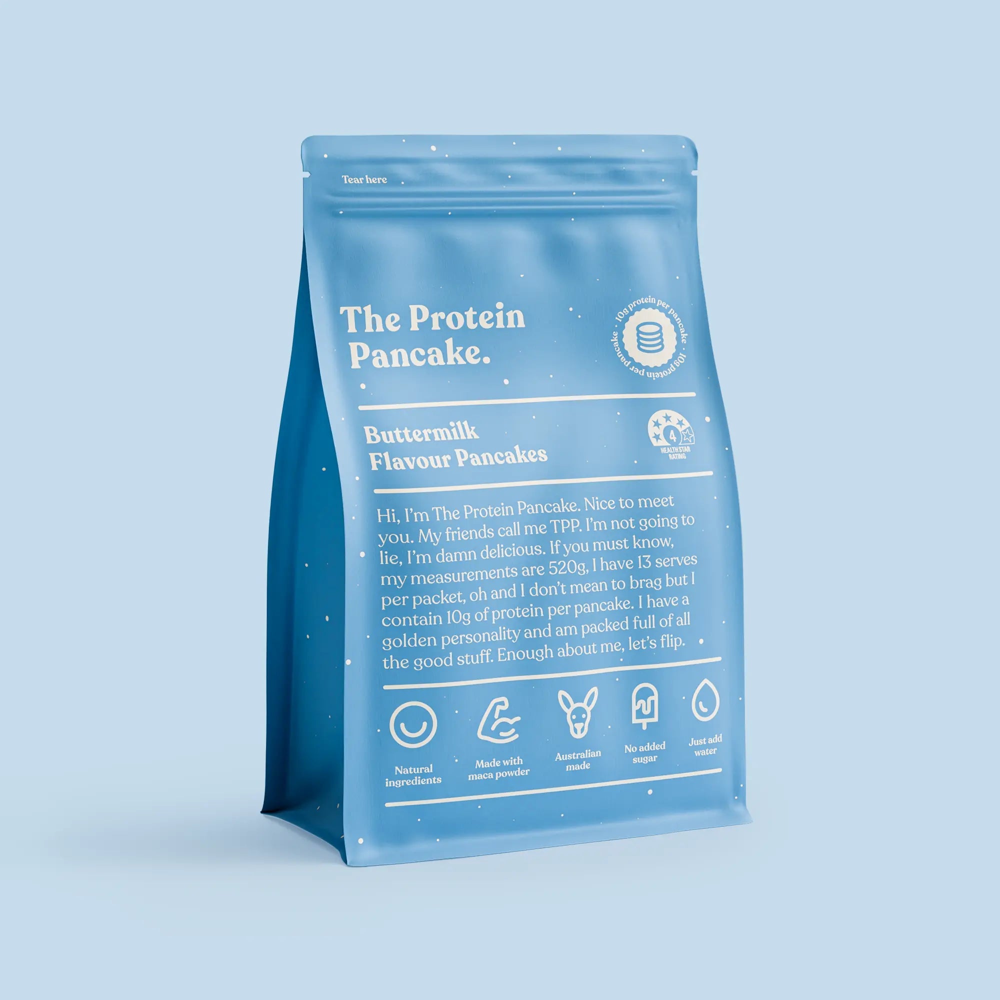 Buttermilk high-protein pancake mix 520g packet by The Protein Pancake — front of pack