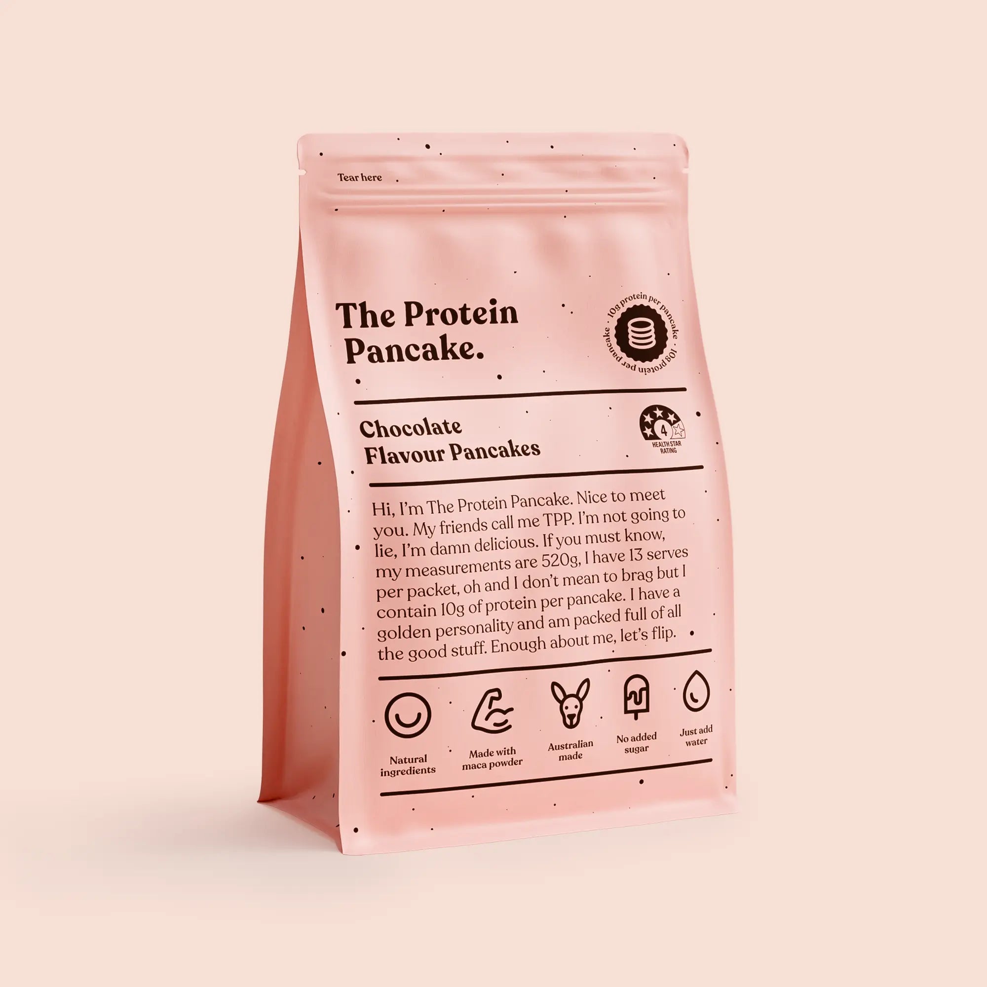 Three bags of flavored protein pancake mix: salted caramel, chocolate, and buttermilk.