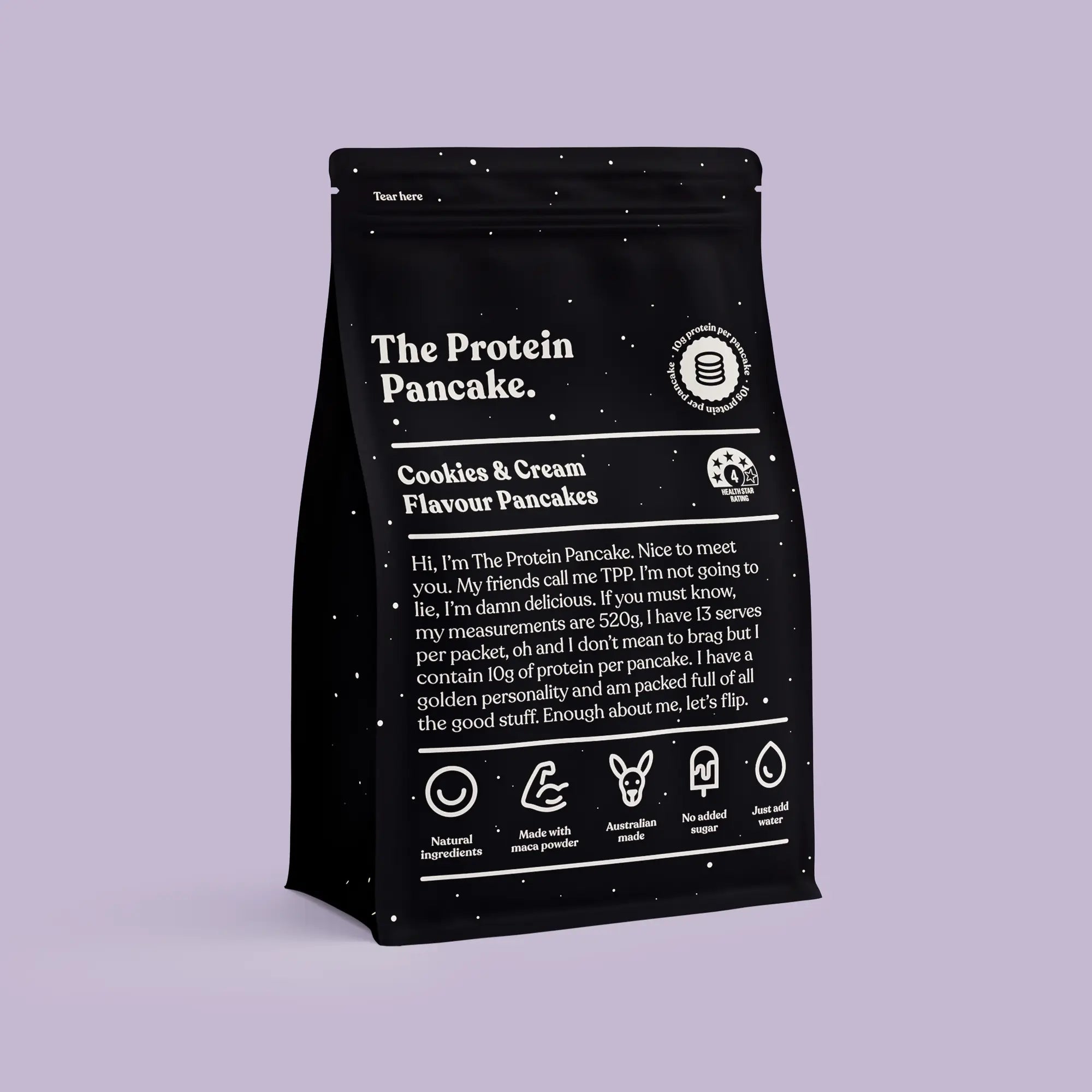 Three bags of flavored protein pancake mix: salted caramel, chocolate, and buttermilk.