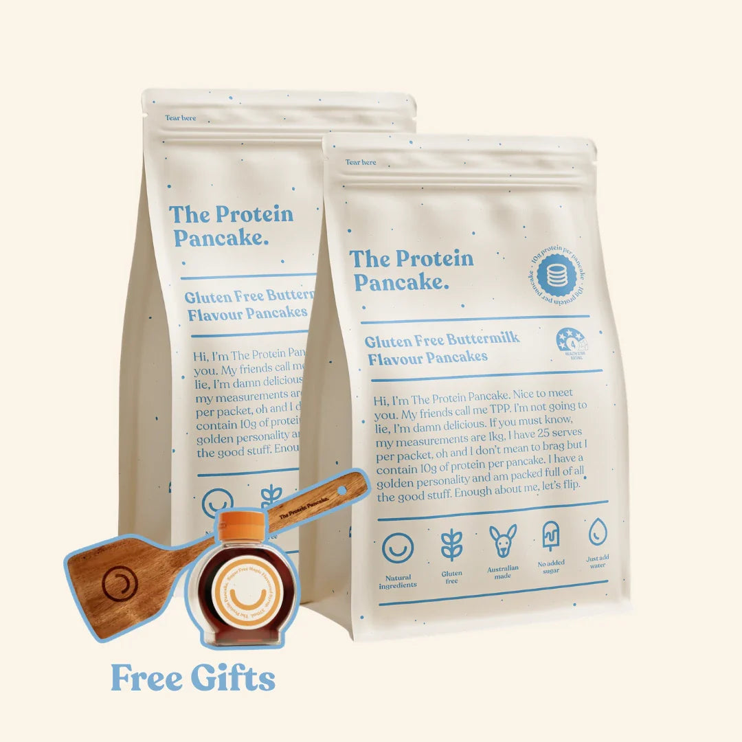 First Time Gluten Free Flipper Stack bundle — two Gluten Free Buttermilk protein pancake mixes with flipper and syrup #Flavours_Gluten Free Buttermilk / Gluten Free Buttermilk #Accessory_Flipper & Syrup