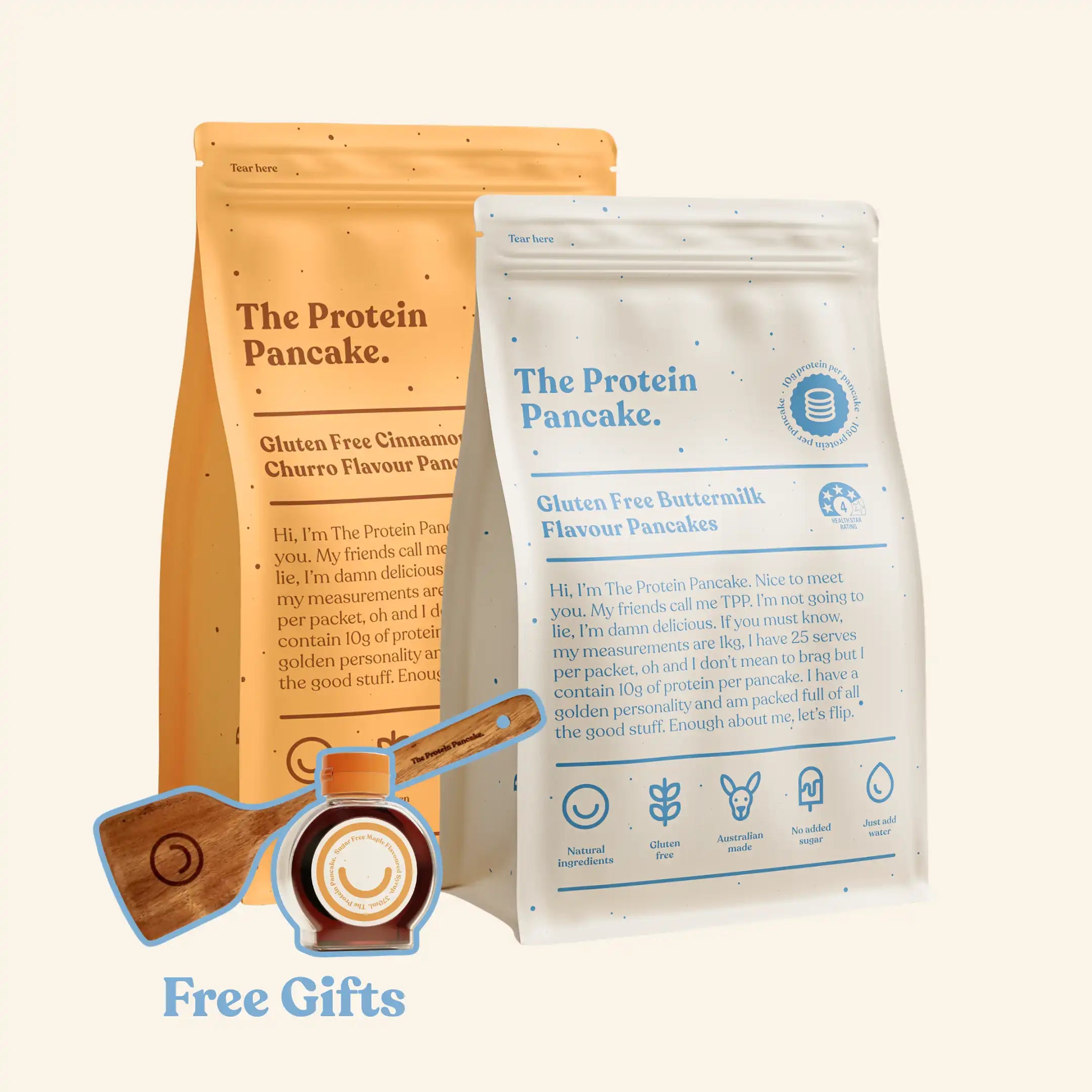 First Time Gluten Free Flipper Stack bundle — Gluten Free Buttermilk and Gluten Free Cinnamon Churro protein pancake mixes with flipper and syrup #Flavours_Gluten Free Buttermilk / Gluten Free Cinnamon Churro #Accessory_Flipper & Syrup
