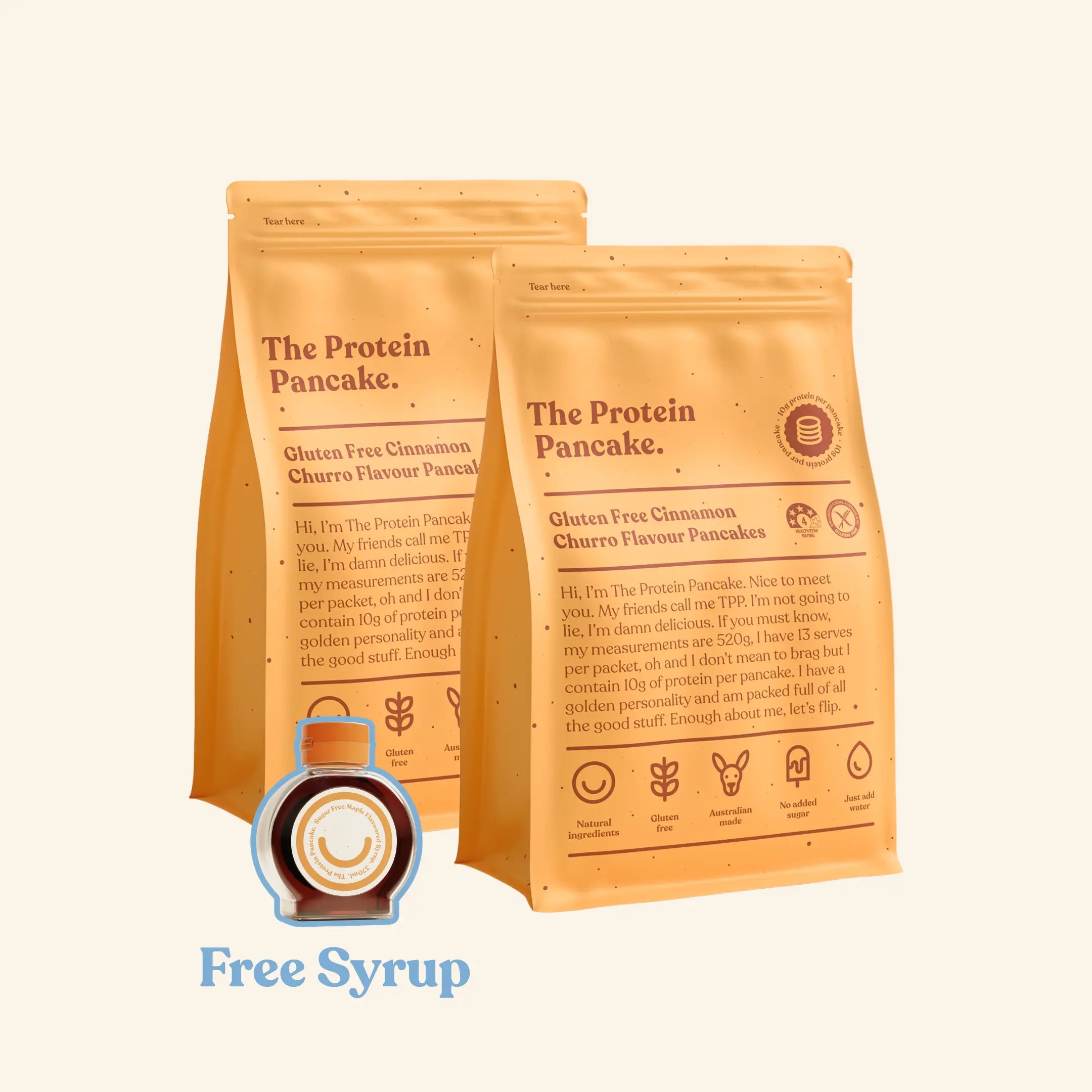 First Time Gluten Free Flipper Stack bundle — two Gluten Free Cinnamon Churro protein pancake mixes with sugar-free maple syrup #Flavours_Gluten Free Cinnamon Churro / Gluten Free Cinnamon Churro #Accessory_Syrup