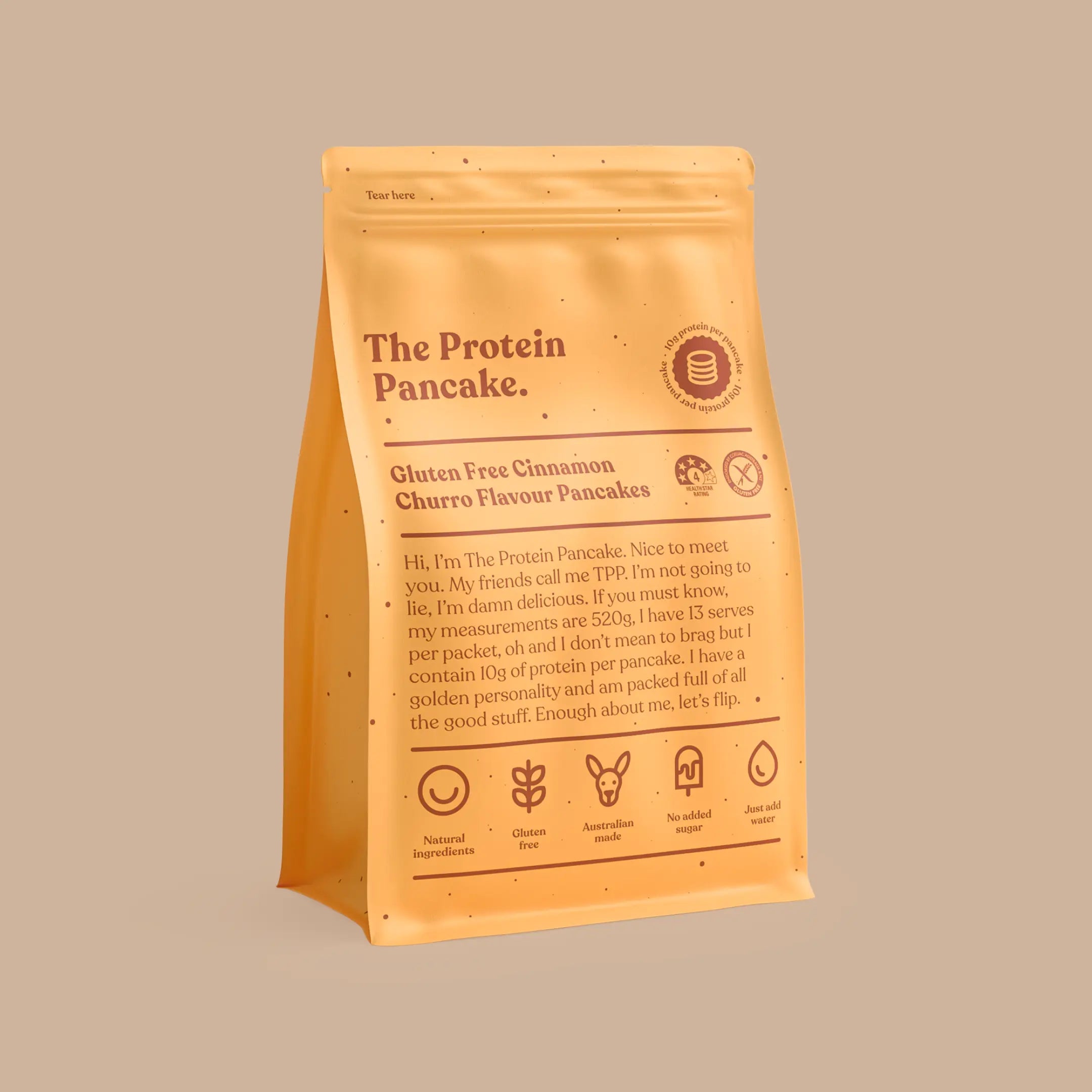 Three bags of flavored protein pancake mix: salted caramel, chocolate, and buttermilk.