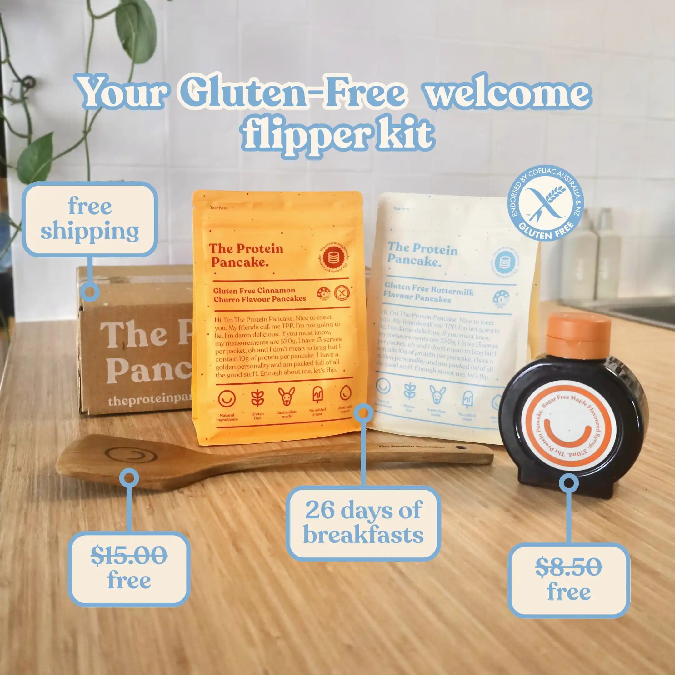 First Time Gluten Free Flipper Stack bundle — Gluten Free Buttermilk and Cinnamon Churro pancake mixes with flipper and syrup #Flavours_Gluten Free Buttermilk / Gluten Free Cinnamon Churro #Accessory_Flipper & Syrup
