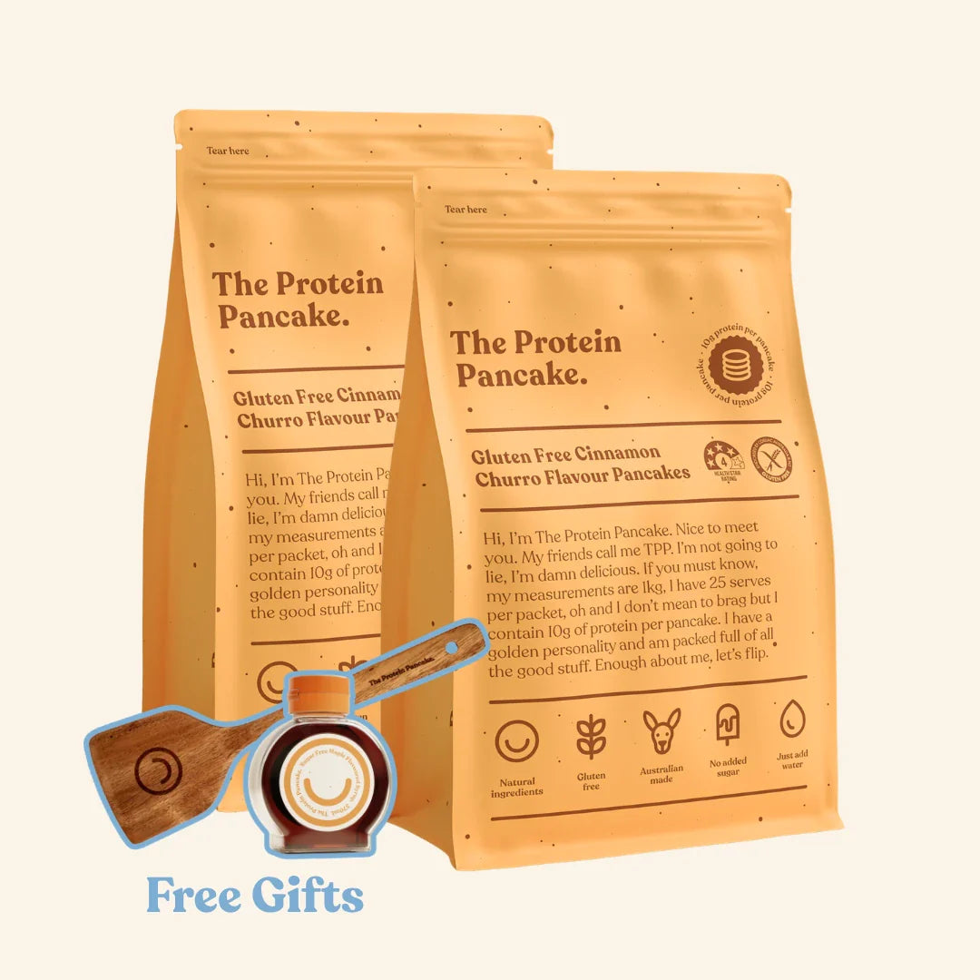First Time Gluten Free Flipper Stack bundle — two Gluten Free Cinnamon Churro protein pancake mixes with flipper and syrup #Flavours_Gluten Free Cinnamon Churro / Gluten Free Cinnamon Churro #Accessory_Flipper & Syrup
