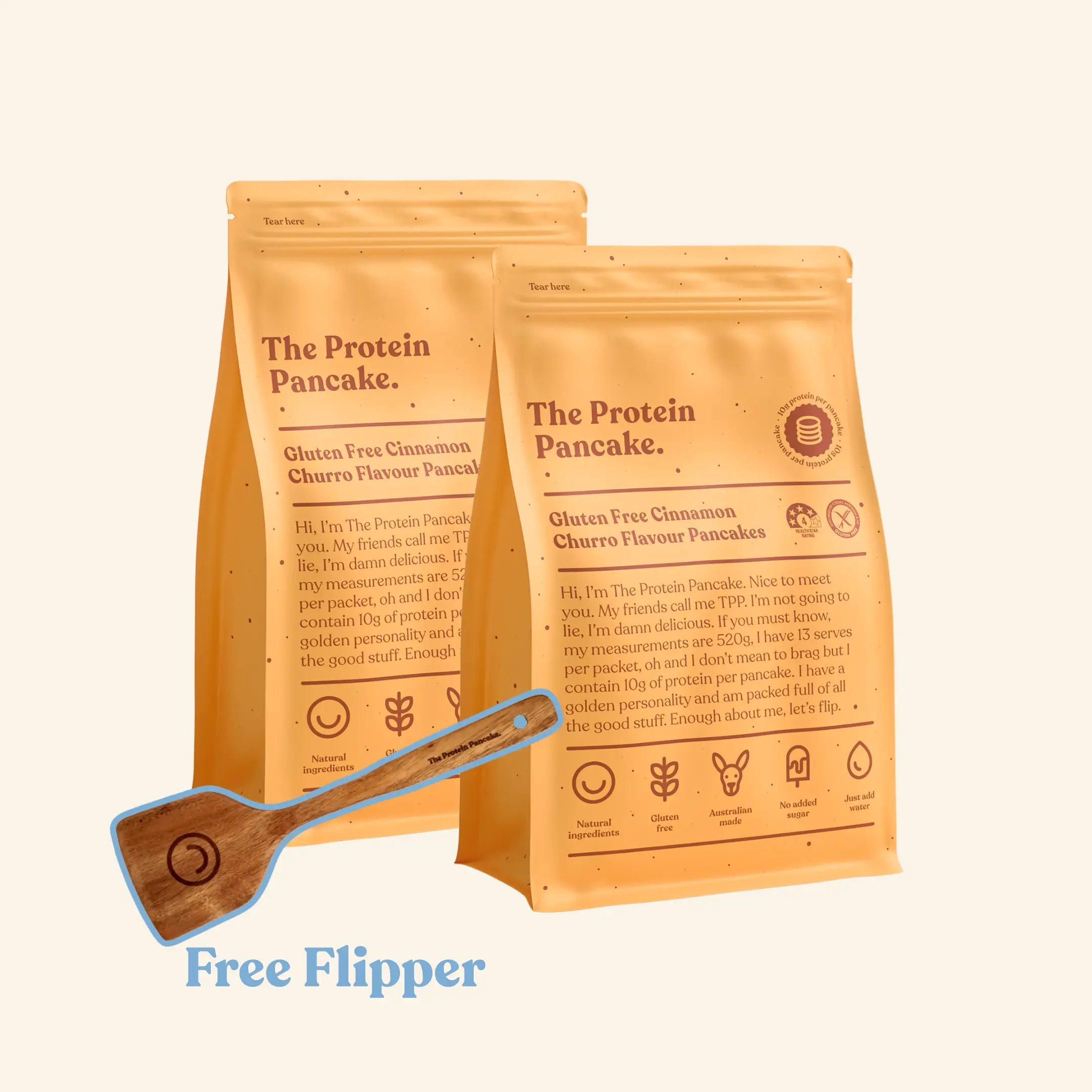 First Time Gluten Free Flipper Stack bundle — two Gluten Free Cinnamon Churro protein pancake mixes with flipper #Flavours_Gluten Free Cinnamon Churro / Gluten Free Cinnamon Churro #Accessory_Flipper