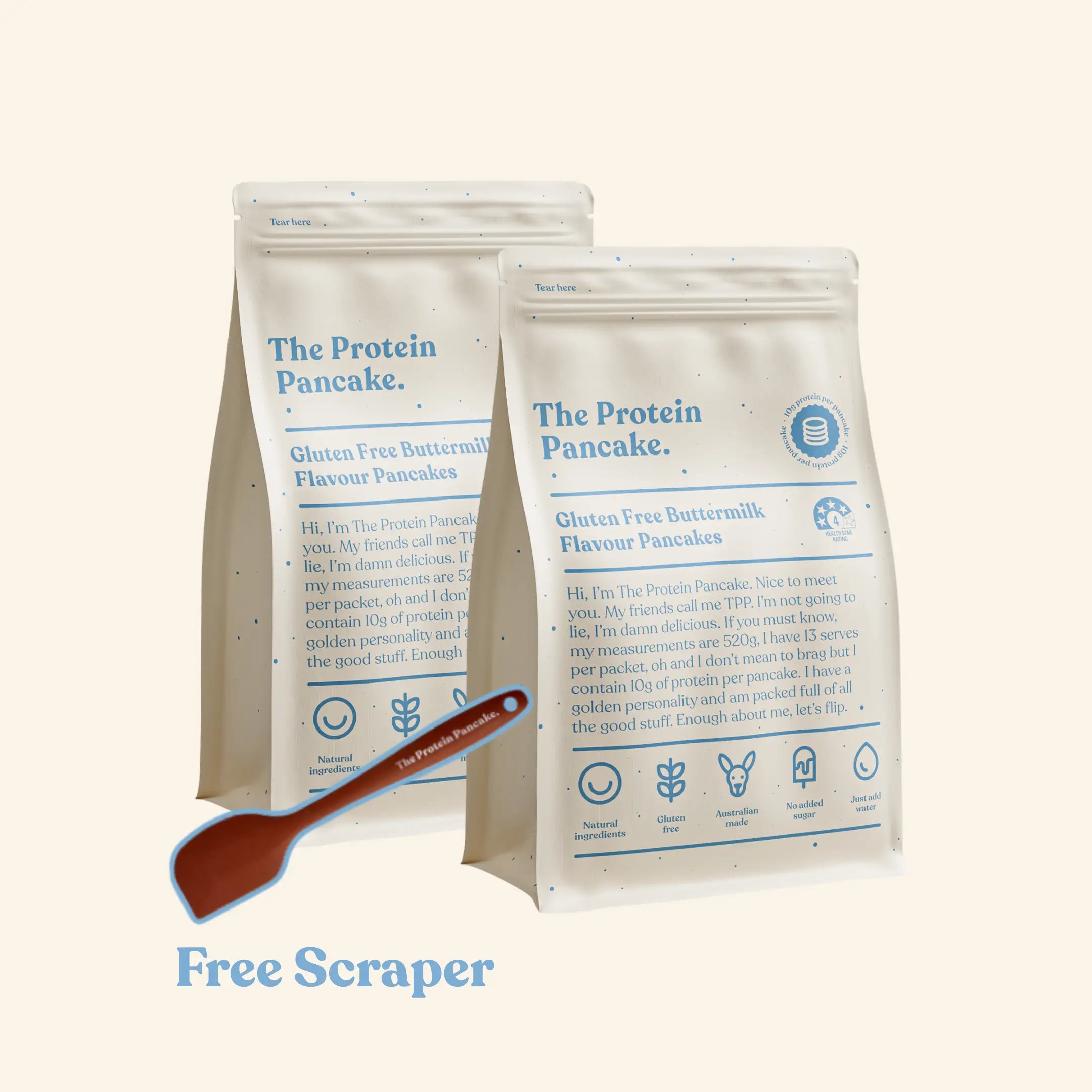 First Time Gluten Free Flipper Stack bundle — two Gluten Free Buttermilk protein pancake mixes with wooden scraper #Flavours_Gluten Free Buttermilk / Gluten Free Buttermilk #Accessory_Scraper