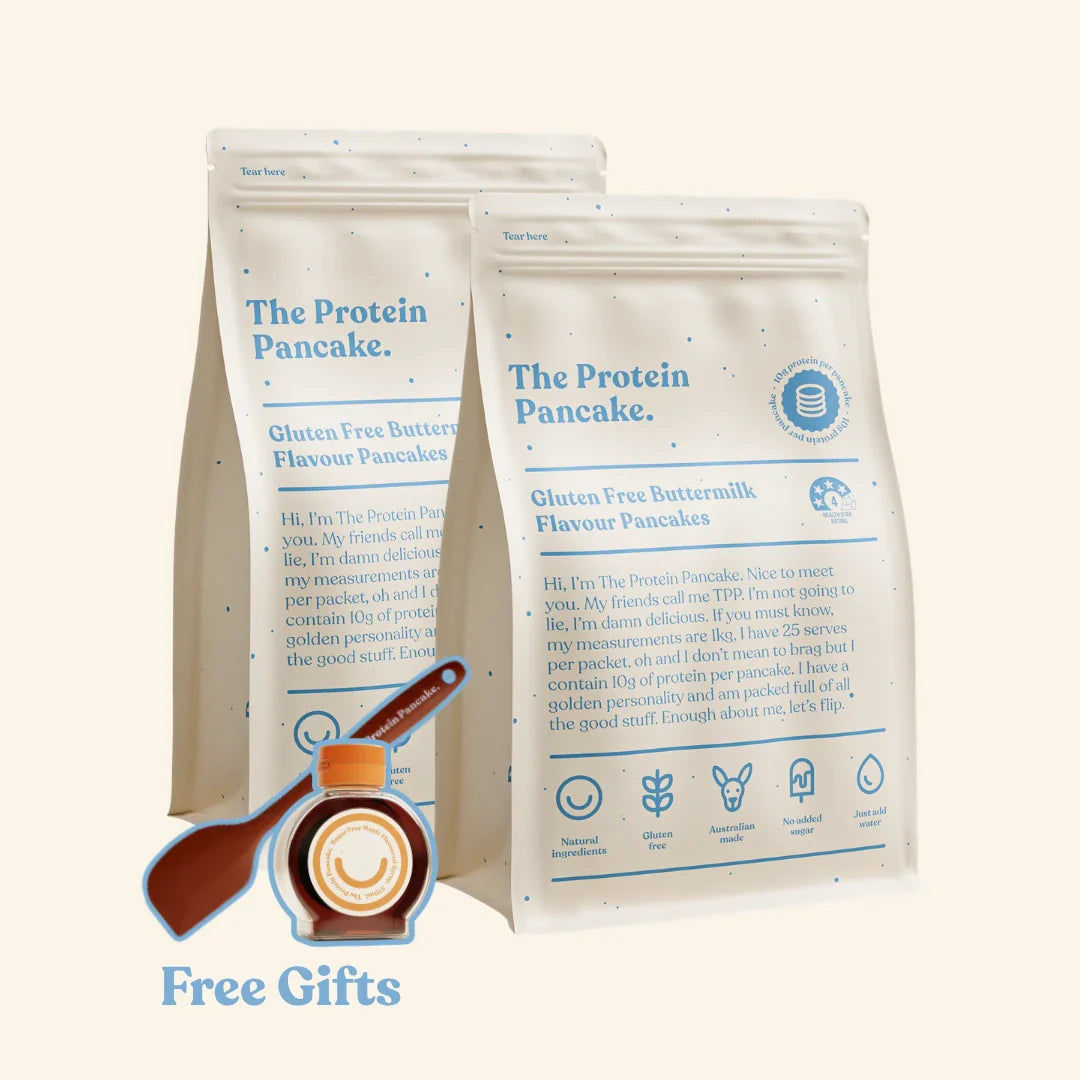 First Time Gluten Free Flipper Stack bundle — two Gluten Free Buttermilk protein pancake mixes with wooden scraper and sugar-free syrup #Flavours_Gluten Free Buttermilk / Gluten Free Buttermilk #Accessory_Scraper & Syrup