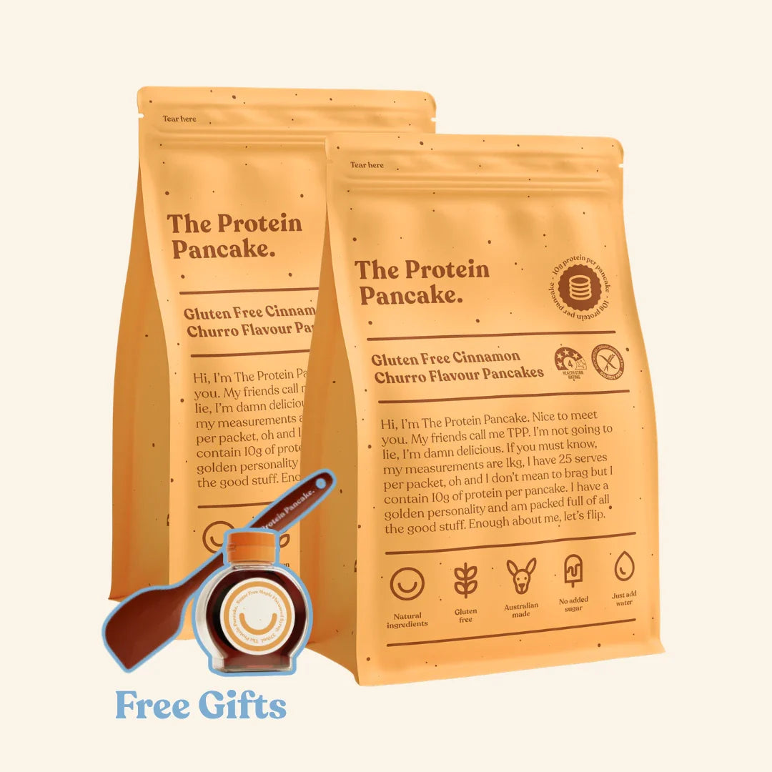 First Time Gluten Free Flipper Stack bundle — two Gluten Free Cinnamon Churro protein pancake mixes with wooden scraper and sugar-free syrup #Flavours_Gluten Free Cinnamon Churro / Gluten Free Cinnamon Churro #Accessory_Scraper & Syrup