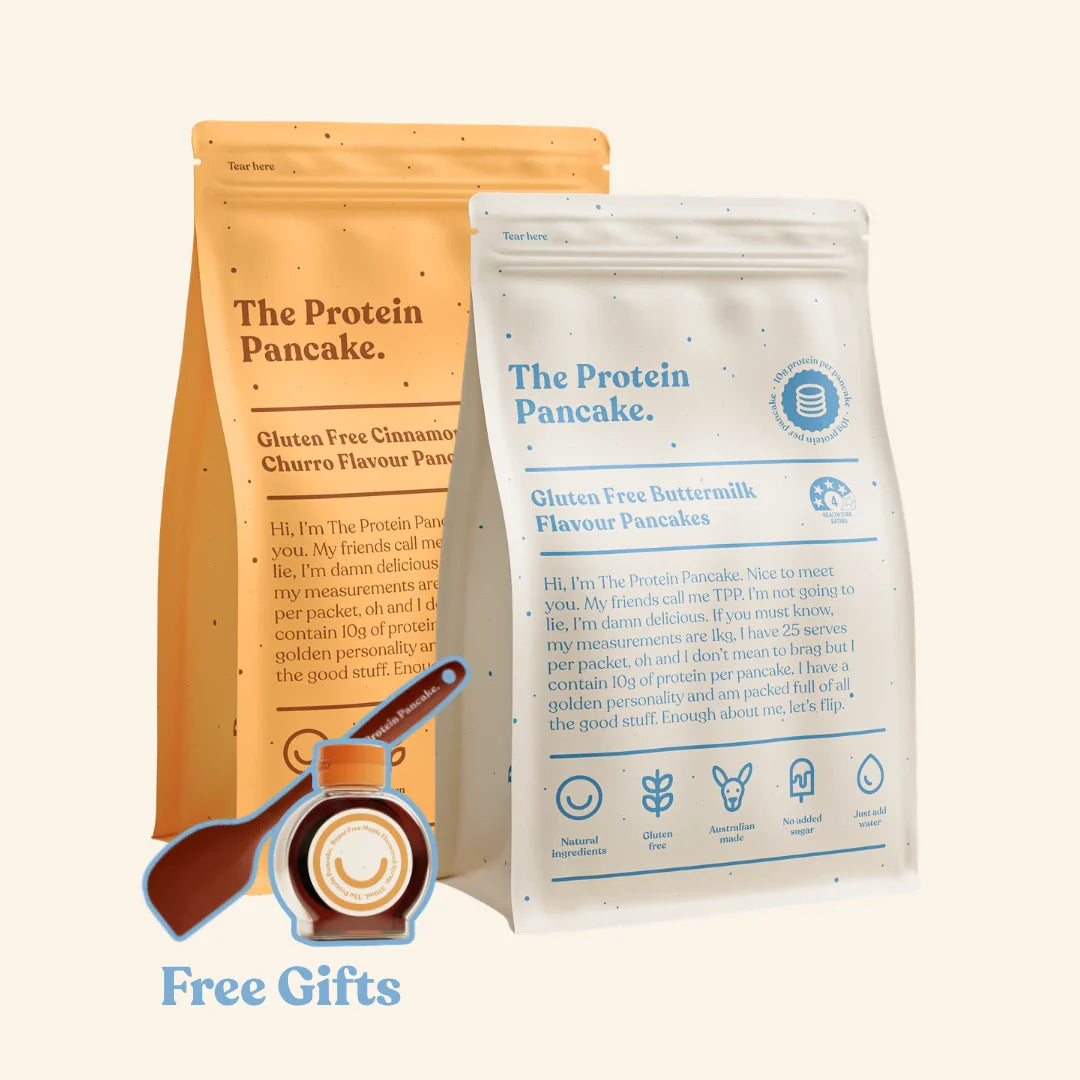 First Time Gluten Free Flipper Stack bundle — Gluten Free Buttermilk and Cinnamon Churro pancake mixes with wooden scraper and sugar-free syrup #Flavours_Gluten Free Buttermilk / Gluten Free Cinnamon Churro #Accessory_Scraper & Syrup