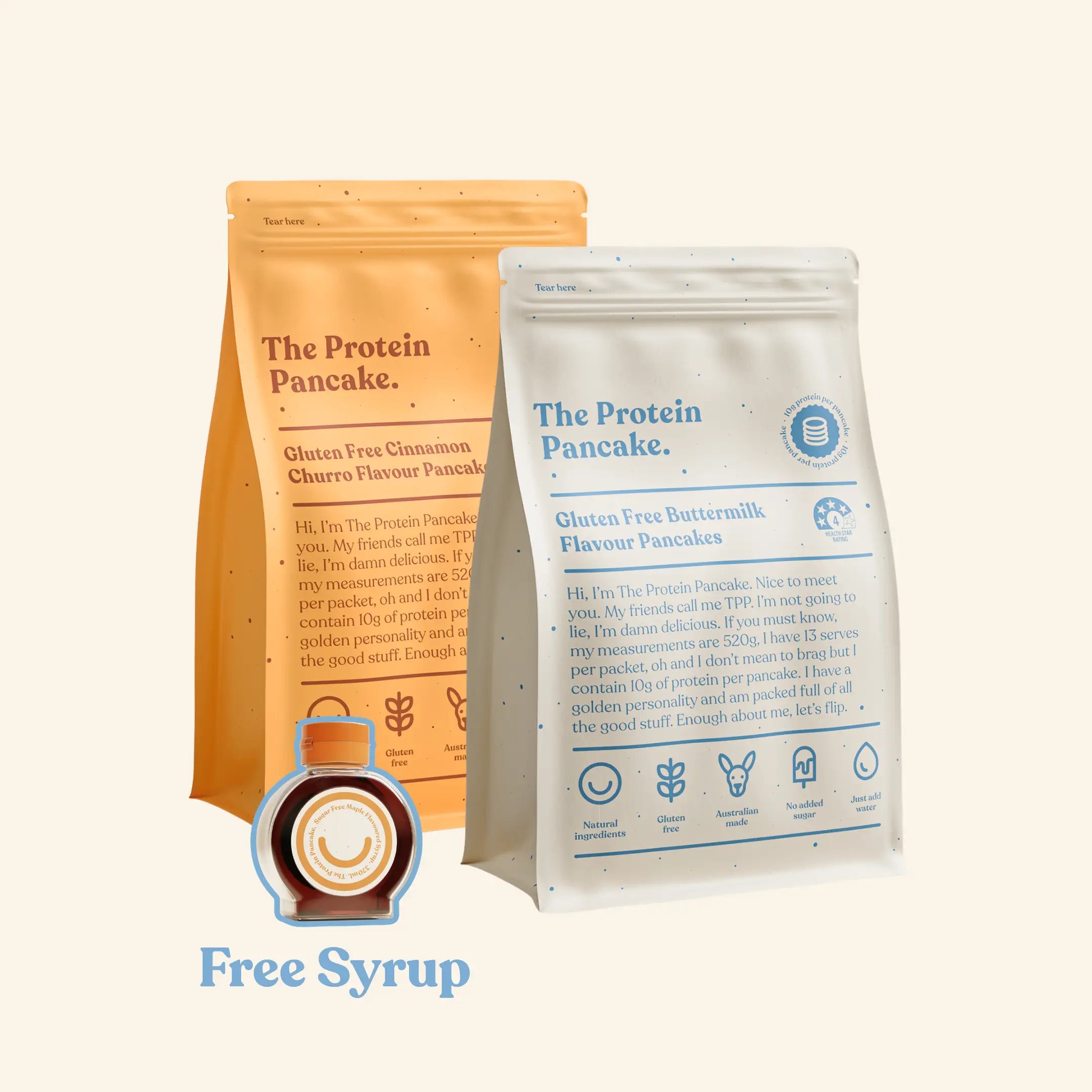 First Time Gluten Free Flipper Stack bundle — Gluten Free Buttermilk and Gluten Free Cinnamon Churro protein pancake mixes with sugar-free maple syrup #Flavours_Gluten Free Buttermilk / Gluten Free Cinnamon Churro #Accessory_Syrup