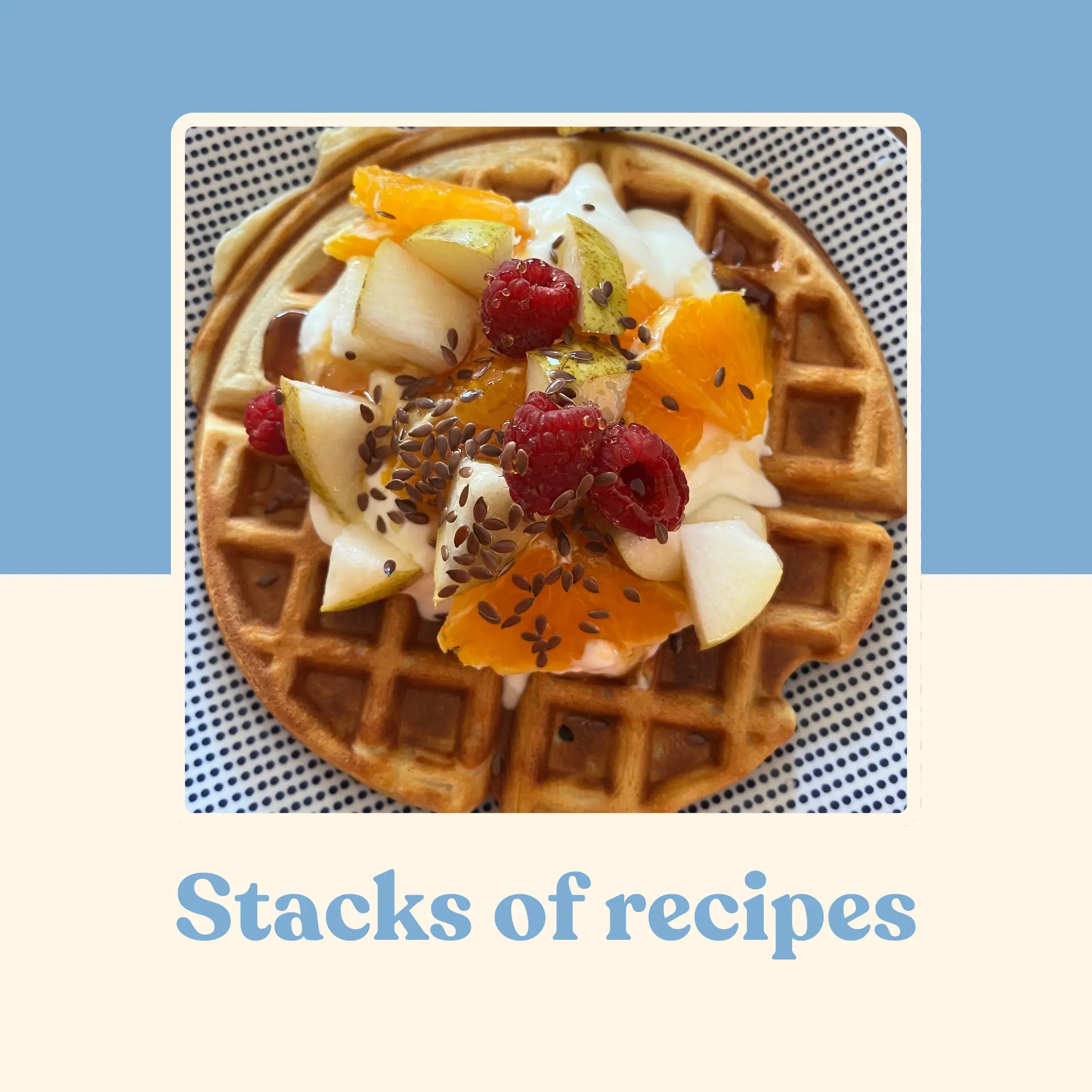 Stacks of recipes — gluten-free waffle with fruit, pear and seeds